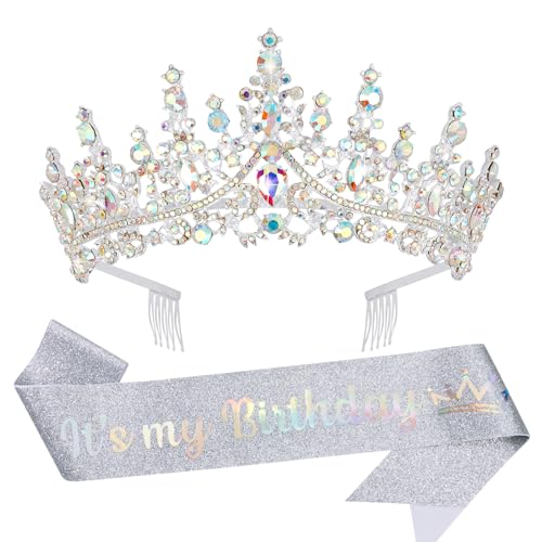 Silver Crystal Birthday Tiara Crown for Women with Comb