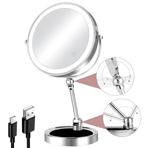 8" Rechargeable Lighted Makeup Mirror with Magnification, Adjustable Height & Brightness 1X/10X Double Side Magnifying Mirror with Light, 3 Color Lighting 360¡Æ Rotation Storable Base, Chrome