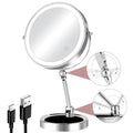 8" Rechargeable Lighted Makeup Mirror with Magnification, Adjustable Height & Brightness 1X/10X Double Side Magnifying Mirror with Light, 3 Color Lighting 360¡Æ Rotation Storable Base, Chrome