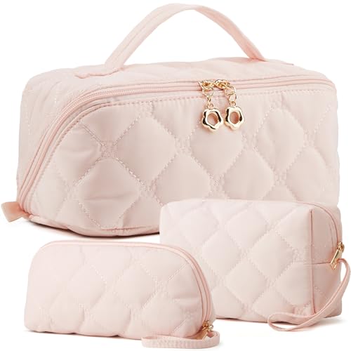 YTL Quilted Makeup Bag, Full-Open Cosmetic Organizer for Travel