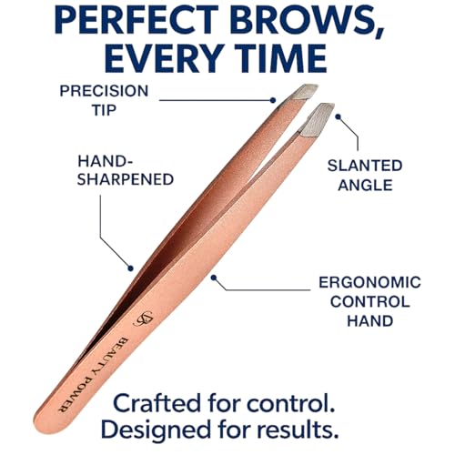 Slant Tip Precision Tweezers - Stainless Steel Eyebrow Tweezers for Women & Men - Precision Tweezers for Facial Hair, Ingrown Hair & Brow Shaping - Professional Beauty Tool - Rose Gold