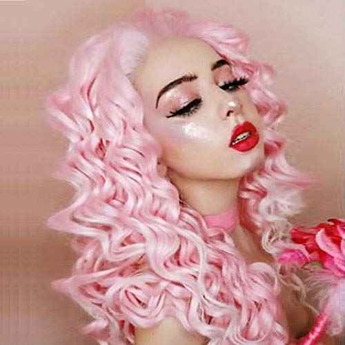 IMSTYLE Pink Curly Lace Front Wigs Women Cosplay Costume Daily Wear Bounce Fluffy Wig Hair Heat Resistant 26 Inch(Pink)