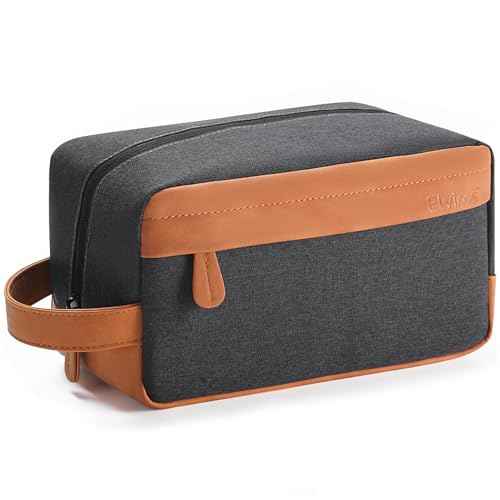 Elviros Travel Toiletry Bag for Men, Hanging Dopp Kit and Shaving Tool Pouch, Water Repellent PU Leather Mens Gift Toiletry Travel Small Bag for Bathroom and Gym, Black