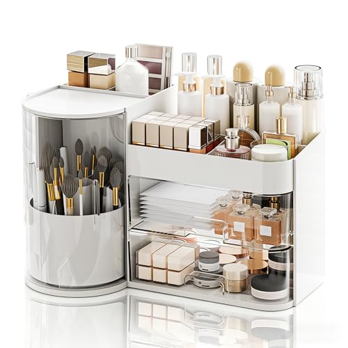 Rotating Makeup Organizer with Drawers & Brush Holder