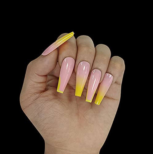 Blufly Glossy Yellow Ombre Fake Nails Long Press Nails Designed Full Cover Artificial False Nails Tips for Women and Girls 24Pcs (Pink Yellow Ombre)