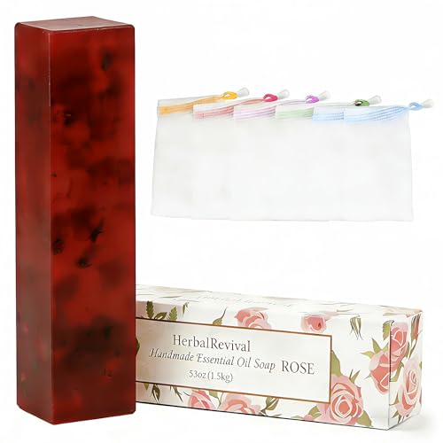 HerbalRevival Natural Soap Bar with Plant-Based Premium Rose Essential Oil - 53oz + 6 Lather Nets | Shea Butter & Olive Oil Moisturizing Cleansing Aromatherapy for Men & Women Face/Hair/Body Shower