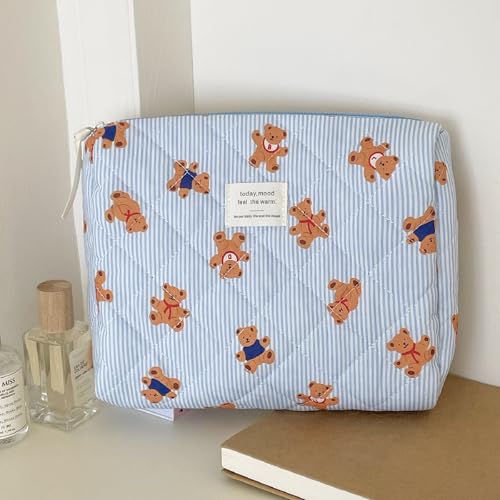 3PCS Quilted Make Up Bag Set Cute Cotton Make Up Pouch Blue Striped Bear Cosmetic Bag Set Large Travel Toiletry Bag For Women(B)