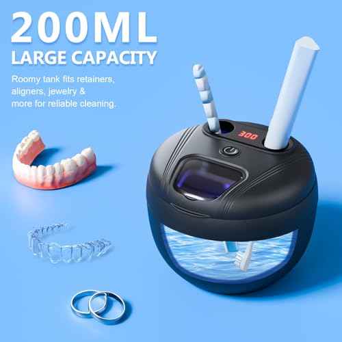 Dental Ultrasonic Retainer Cleaner Machine - Dental Cleaning Pod for Denture, Mouth Guard, Aligner, Night Guard, Braces, Toothbrush Heads, Jewelry, 45kHz Sonic Cleaner with Digital Timer & 200ML