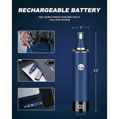 Nose & Ear Hair Trimmer Clipper with LED Display for Men Women, 2025 Model Painless USB Rechargeable Eyebrow & Facial Hair Trimmer,Professional IPX7 Waterproof Dual Edge Blades (Cyan)