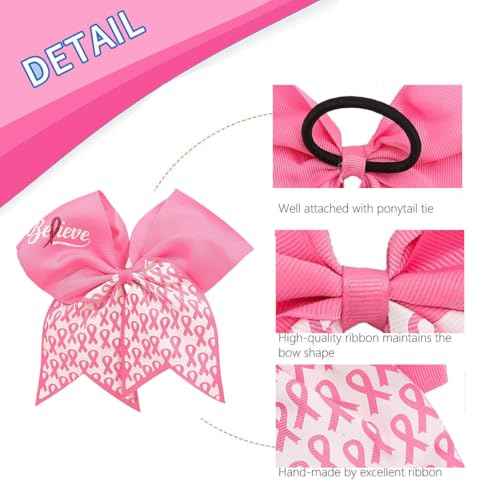 24PCS 7" Large Breast Cancer Awareness Cheer Hair Bows, Glitter Pink Ribbon Bow Ponytail Holder for Cheerleader Girls Cheerleading Hair Accessories Elastic Hair Band for Kids Women (White Pink)