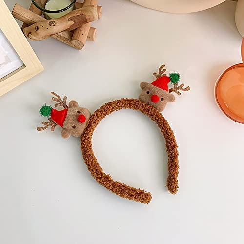 EVILD Christmas Fuzzy Headband Cute Antlers Snowman Hair Hoop Party Xmas Hair Accessories Reindeer Headdress for Women and Girls (Brown)