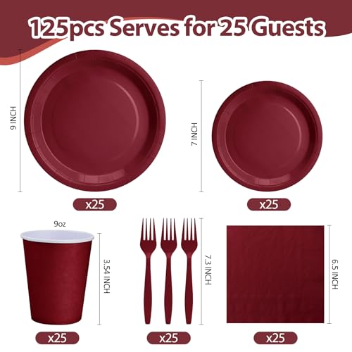 CENLBJ Burgundy Party Supplies Set for 25 Guests - Includes Disposable Plates, Cups, Napkins & Forks, 25-Count