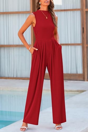 PRETTYGARDEN Womens Summer Jumpsuits Dressy Casual One Piece Outfits Sleeveless Mock Neck Wide Leg Pants Rompers with Pockets (Red,Small)