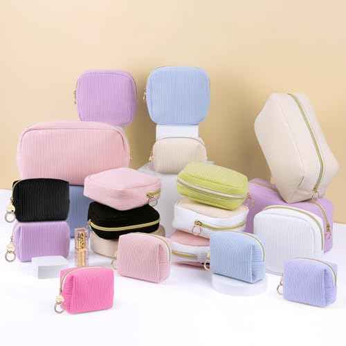 Corduroy Makeup Bag, Small Cosmetics Bag for Purse, Portable Travel Makeup Pouch with Ring Buckle & Inner Pockets for Women