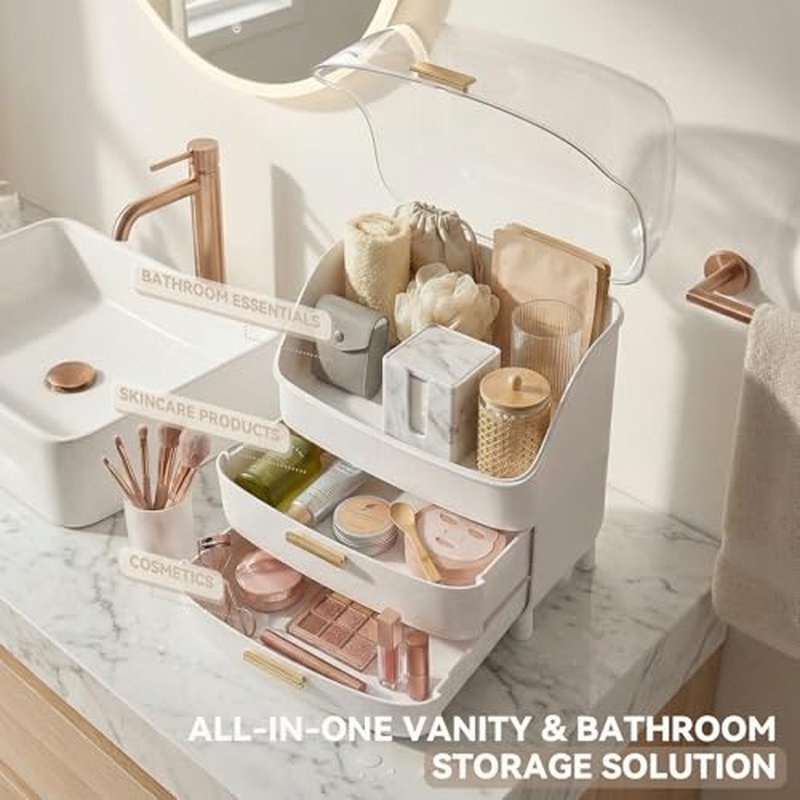 3-Tier Makeup Organizer with Drawers & Dustproof Lid