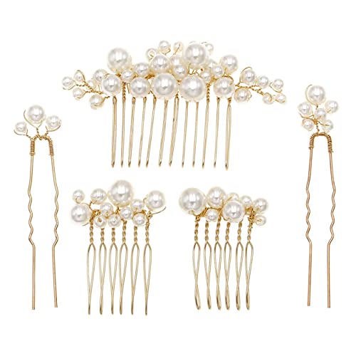Pearl Bridal Hair Combs & Pins Set of 5 (Gold)