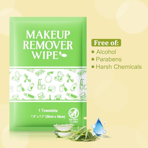 Makeup Remover Wipes Individually Wrapped, 50 Pcs Gentle Facial Cleansing Towelettes Alcohol Free, Perfect Travel Essential and Bachelorette, Wedding, Party Favor