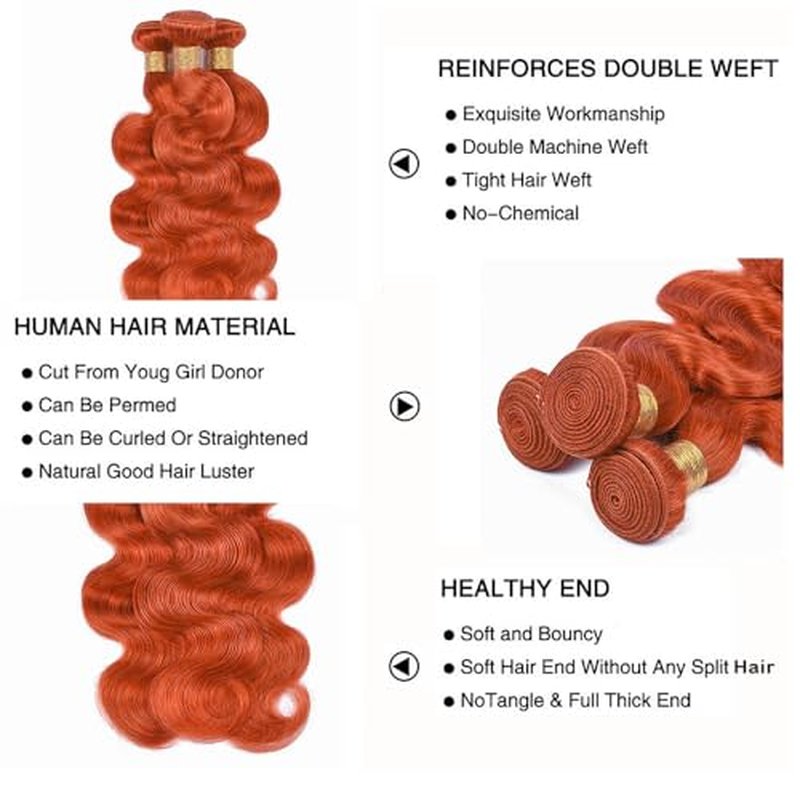 Fridnae 350 Ginger Body Wave Hair Bundles - 300g, 12-34 Inch