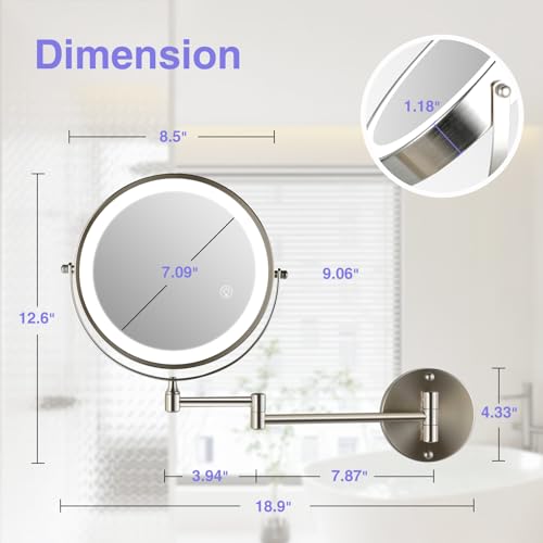 Magnifying Mirror with Lights 1X/20X: 8.5" Double Sided 3000mAh Rechargeable Wall Mounted Lighted Makeup Mirror for Bathroom, Brushed Nickel