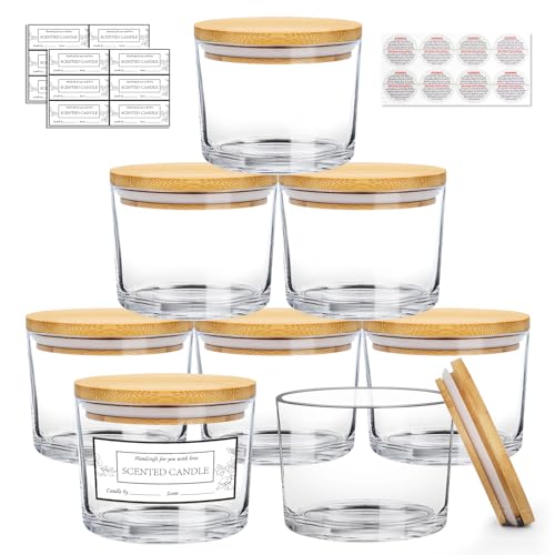 CONNOO 8 Pack 12 Oz Clear Glass Candle Jars with Bamboo Lids