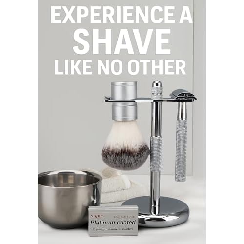 Men's Shaving & Grooming Set, Double Edge Safety Razor, Shaving Brush, Razor & Brush Stand,10 Blades, Shaving Bowl, Valentine Gift For Men, Gift for Fathers/Dads (Silver)