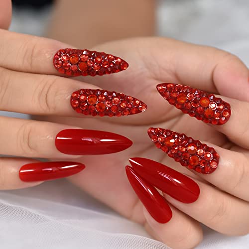 Elevenail Glossy Red Press on Nails Long Coffin False Nails Faux Ongles Reusable Solid Color Nail Art Tips Salon DIY Manicure Acrylic Fake Nails Gifts for Women Girls