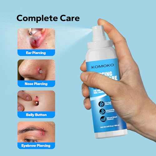 Komoko Piercing Aftercare Spray (5.07 Fl Oz), Saline Spray for Piercings & Ear Piercing Cleaner, Gentle Saline Solution for Piercings, Fast Piercing Bump Solution for Nose, Ears, Belly & More