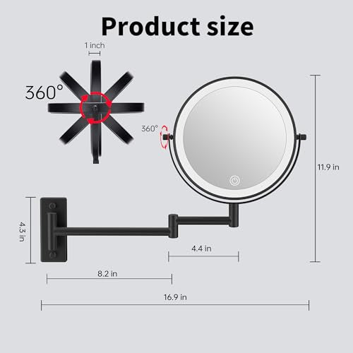 Wall Mounted Makeup Mirror with Lights, 8" Bathroom Vanity Magnifying Mirror Wall Mount with 1X/10X Magnification and Extendable Arm,Black