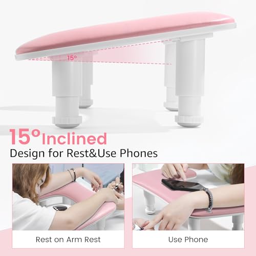 Quaferen 2nd Gen Pink Height-Adjustable U-Shaped Nail Arm Rest for Tech