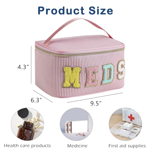 Chenille Letter MEDS Makeup Bag,Large Size Striped Medicine RX Cosmetic Bag with Top Handle, Aesthetic Seersucker First Aid Travel Organizer Bag for Women Girls(05Pink)