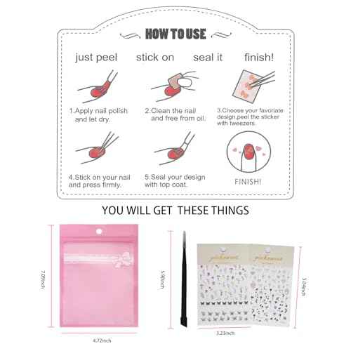 Flower Nail Stickers for Nail Art Decals Charms,5D Embossed Floral Butterfly and Heart Gem, Self-Adhesive 5 Styles Craft Nail Supplies 2 Sheets with Tweezers Kit for Women Decoration