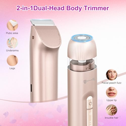 Bikini Trimmer for Women 2-in-1, Dual-Head Electric Razors for Women, IPX7 Waterproof Pubic Hair Trimmer, Facial & Body Electric Shaver, USB Rechargeable, LED Display, Rose Gold