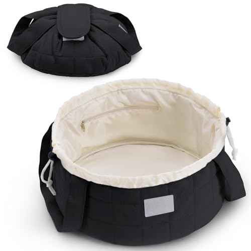 Narwey Christmas Gifts Barrel Drawstring Makeup Bag, Large Quilted Puffer Cosmetic Bag, Puffy Make Up Bags, Travel Toiletry Bags for Women Toiletries Organizer, Teen Girl Gifts (Black) (Patent)