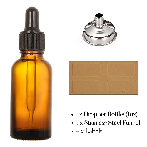 4 Pack 1oz Dark Amber Glass Dropper Bottles with Funnel