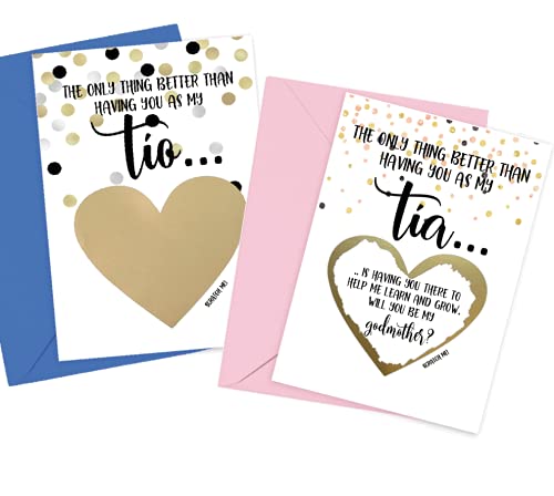 Spanish Will You Be My Godmother and Godfather Scratch Off Card, Set of 2 Cards and Envelopes for Tia and Tio, Padrino Padrina Proposal Cards from Niece Nephew (Tia/Tio Set)