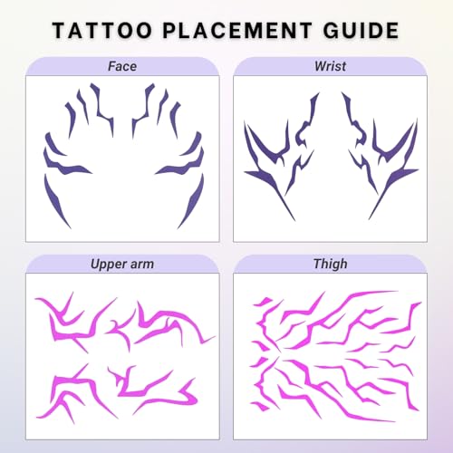 Purple Temporary Tattoo Stickers ? 4 PCS Purple Tattoos and 4PCS UV Fluorescent (Under Altraviolet Lamps) Temporary Tattoos Realistic Waterproof Body Art for Cosplay, Halloween, and Party Makeup