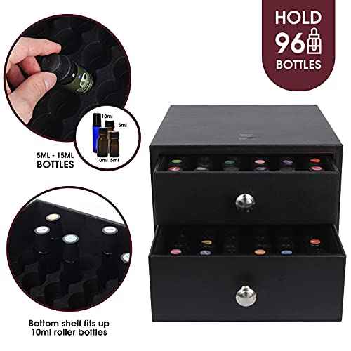 J JACKCUBE DESIGN Essential Oil Organizer Storage Box Case, Holds 96 Bottles 5-15ml Essential Oils, Roller Bottles- Leather Drawer Oil Holder Display- MK525A