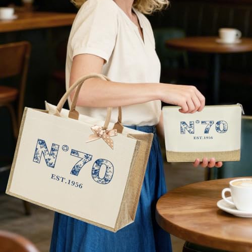 KongMoTree Birthday Gifts for Women Her, Birthday Bag, Reusable Vintage Jute Blue Floral Tote Bag and Makeup Bags