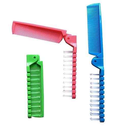 3pcs Hair Brush Set - Folding Travel Brush, Fine Tooth Pocket Comb, Massage Head & Baby Braiding Brush for Kids and Adults in Green/Pink/Blue