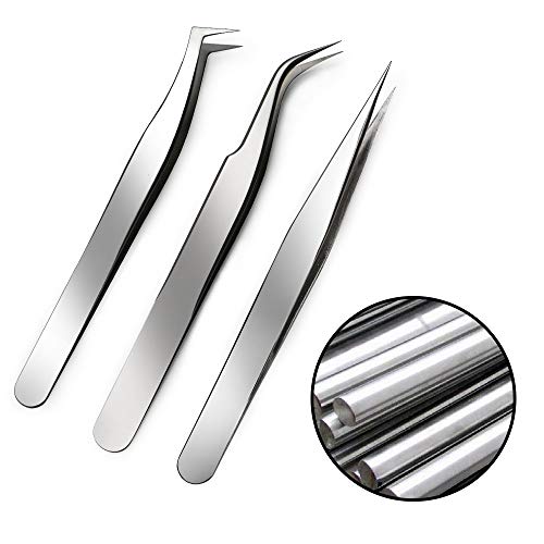 Quewel Eyelash Eyelash Extension Tweezers Set Eyelash Applicator Tool Curved and Straight pointed Tweezers Lash Extension Supplies Stainless Steel Precision Tweezers Silver (Mirrored,3 pcs)