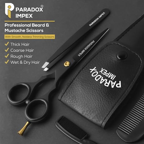 5¡± Beard and Mustache Scissors, German Stainless Steel Beard Scissors Come with 1 Tweezers, 1 Beard Comb, 1 Mustache Comb and Pouch, Hair Scissors for All Facial Hairs. (Black)