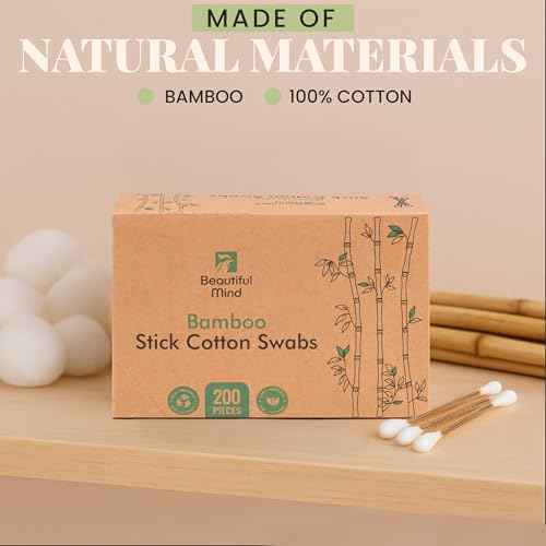 Bamboo Cotton Swabs 200 Pack - Natural Swabs for Ears, Makeup & Cleaning - Carbonized Bamboo Sticks with Soft Buds - Travel Size Q Gentle Tips - Precision Ear Cleaner Swabs