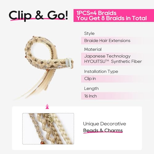 REECHO Clip in Braid Hair Extensions 16 Inch Medium Blonde with Light Blonde Beaded Boho Dreadlock Set, 2PCS