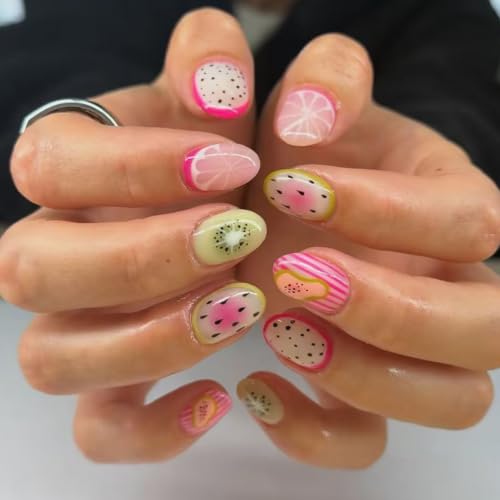 Dulyork Summer Short Almond Press On Nails with Fruit Design – Glue-On Fake Nails