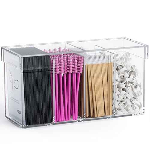 Lash Extension Organizer with Lid, Acrylic Lash Organizer for Lash Techs, Lashes Supplies Container for Vanity with Anti-Slip Pads, Clear Storage Box for Eyelash Tools Makeup Brush Hair Accessories