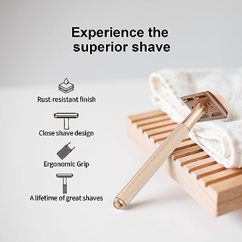 Single Blade Razor with 10 Double Edge Safety Razor Blades Refill, Metal Razor for Men Women, Zero Waste Reusable Eco-Friendly Razor for Close Smooth Shave - Gold