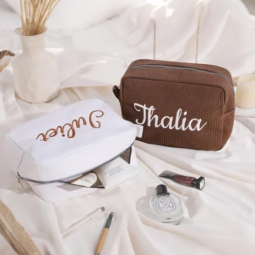 Personalized Embroidered Waffle Cosmetic Bag - Custom Makeup Pouch