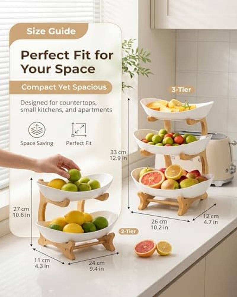 3-Tier Bamboo Fruit Basket with Oval Bowls - Space-Saving Organizer