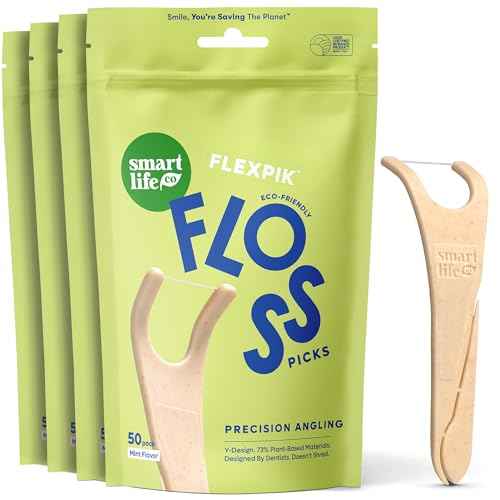 SmartLifeco Eco-Friendly Angled Dental Floss Picks (200ct) - Made with Straw Wheat Blend, Superior Anti-Shred Thread for Molars & Back Teeth, Tooth Pick Stick for Adults, Soft on Gums, Vegan, Mint