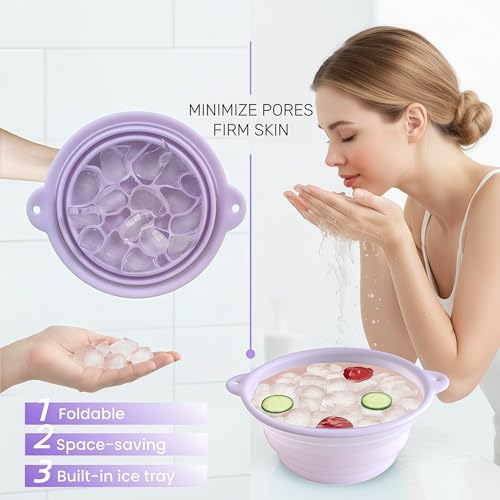 Face Bowl for Ice Facial Care, Skin Care Bowl with Built-In Ice Tray, Thickened Food-Grade Silicone, Hot/Cold Resistant, Durable and Foldable for Travel & Home-Spa Skincare Fans (Light Purple)